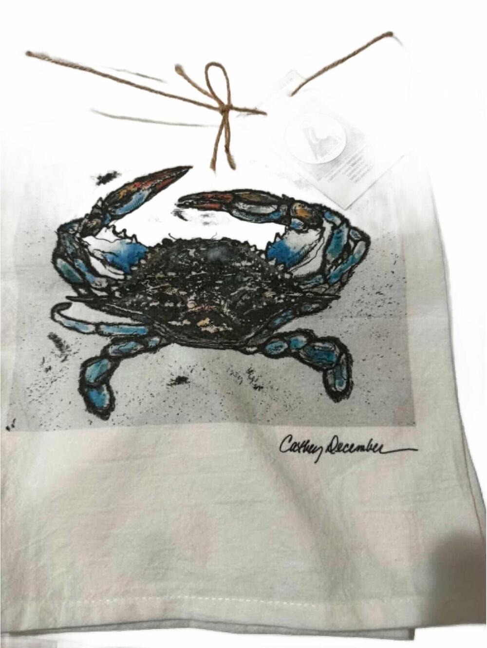 Cathy December White Linen Kitchen Towel with Blue Crab Print